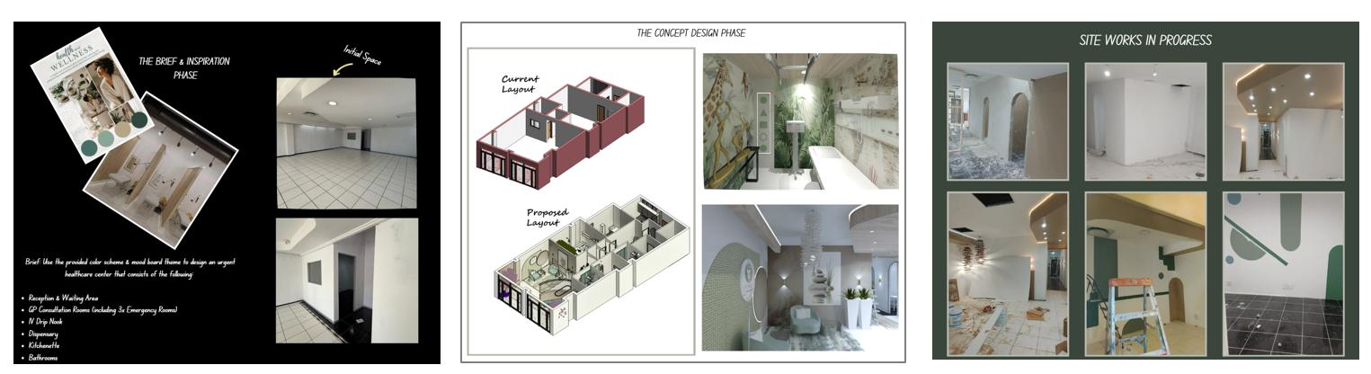 Package one concept design board with brief, concept phase, and site work examples
