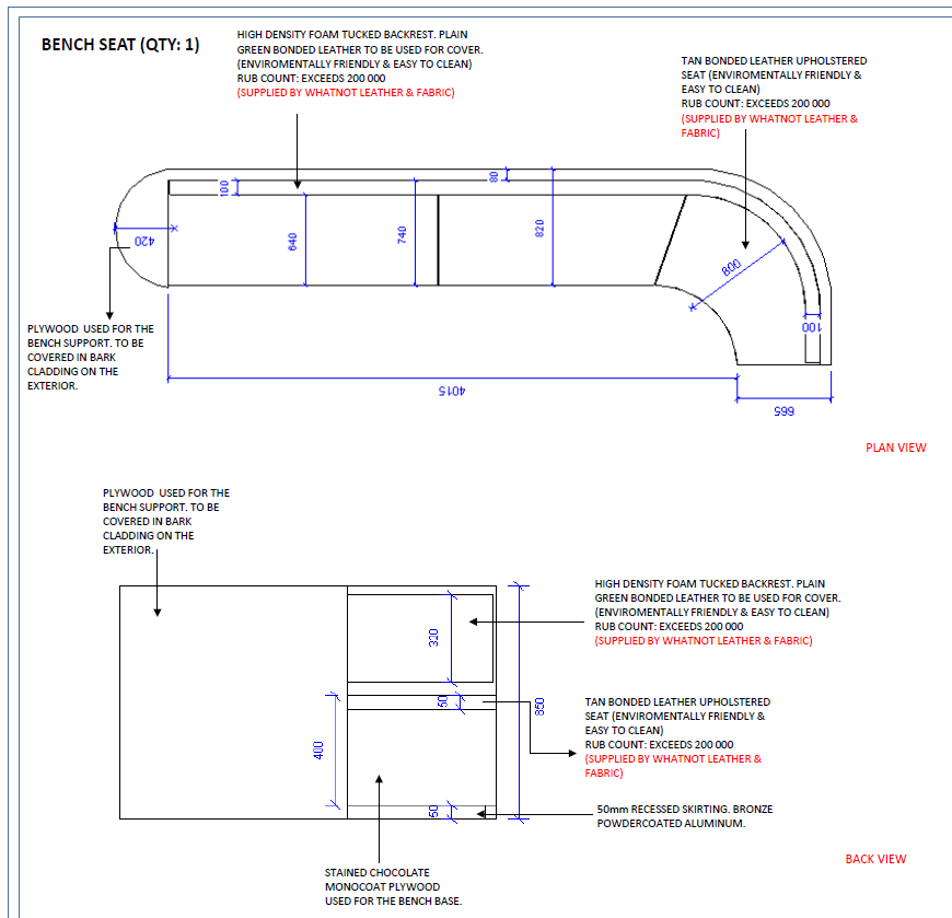 Custom banquette technical drawing